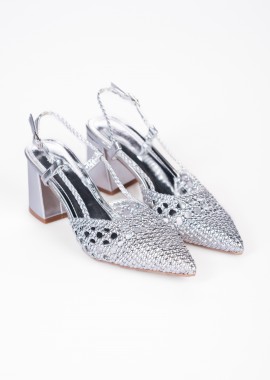 Μυτερές γόβες open heel με χοντρό τακούνι και πλεκτό σχέδιο - Ασημί