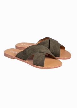 Issue - Flat σανδάλια χιαστί με suede υφή - Πράσινο