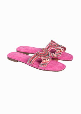 Issue - Flat boho σανδάλια με χάντρες - Φούξια