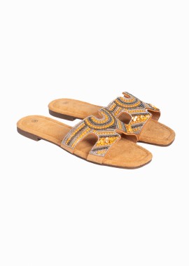 Flat boho σανδάλια με χάντρες - Κάμελ