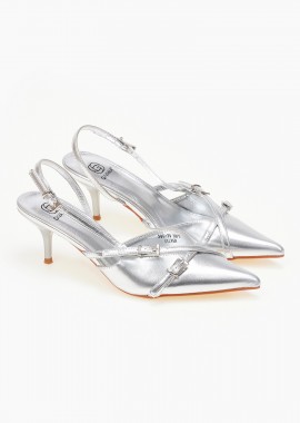 Slingback μυτερές γόβες με λεπτό τακούνι - Ασημί