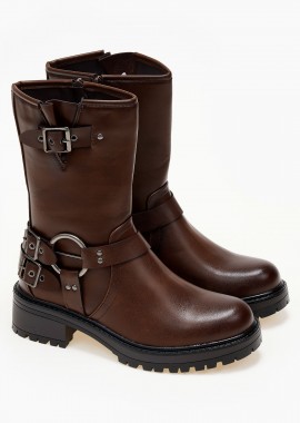 Biker boots με μεταλλικές λεπτομέρειες - Καφέ
