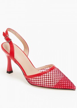 Slingback γόβες με δίχτυ και στράς - Κόκκινο