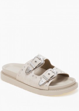 Σανδάλια flatform με suede υφή και αγκράφες - Μπεζ