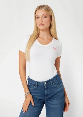 GUESS - Guess γυναικείο βαμβακερό T-shirt μονόχρωμο με τριγωνικό λογότυπο στο στήθος - W2YI45J1314 Λευκό