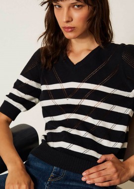 TWINSET - Twinset γυναικεία πλεκτή μπλούζα ριγέ - 261TP3231 Μπλε Σκούρο