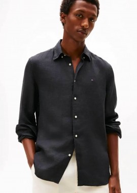 TOMMY HILFIGER - Tommy Hilfiger ανδρικό λινό πουκάμισο button down με κεντημένο logo flag Regular Fit - MW0MW41530 Μαύρο