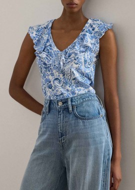 LAUREN RALPH LAUREN - Lauren Ralph Lauren γυναικεία αμάνικη μπλούζα με βολάν και paisley pattern Relaxed Fit - 200P13316001 Μπλε