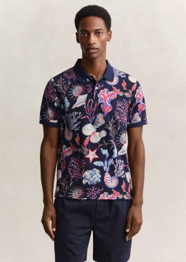 GANT - Gant ανδρική μπλούζα πόλο με all-over print Regular Fit - 2014110 Μπλε Σκούρο
