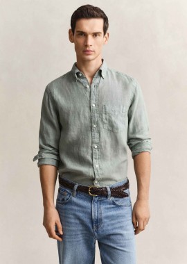 Gant ανδρικό λινό πουκάμισο button down με τσέπη και κεντημένο λογότυπο Regular Fit - 3240120 Γκρι Γαλάζιο