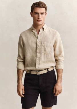 Gant ανδρικό λινό πουκάμισο button down με τσέπη και κεντημένο λογότυπο Regular Fit - 3240120 Μπεζ