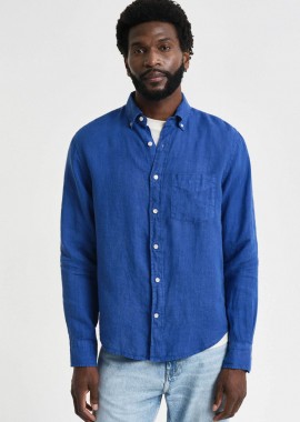 Gant ανδρικό λινό πουκάμισο button down με τσέπη και κεντημένο λογότυπο Regular Fit - 3240120 Μπλε