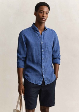 Gant ανδρικό λινό πουκάμισο button down με τσέπη και κεντημένο λογότυπο Regular Fit - 3240120 Μπλε Mirage