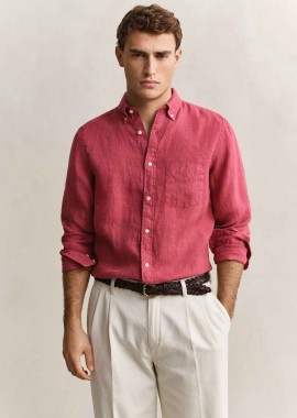 GANT - Gant ανδρικό λινό πουκάμισο button down με τσέπη και κεντημένο λογότυπο Regular Fit - 3240120 Κόκκινο Scarlet