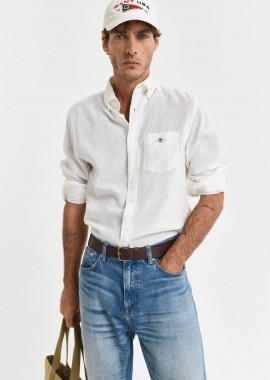 Gant ανδρικό πουκάμισο button down από λινάρι και βαμβάκι με τσέπη και λογότυπο Regular Fit - 3250082 Λευκό