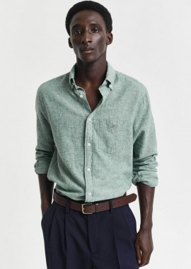 Gant ανδρικό πουκάμισο button down από λινάρι και βαμβάκι με τσέπη και λογότυπο Regular Fit - 3250082 Πράσινο Ανοιχτό