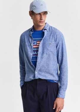 Gant ανδρικό πουκάμισο button down από λινάρι και βαμβάκι με τσέπη και λογότυπο Regular Fit - 3250082 Μπλε