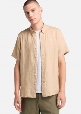 TIMBERLAND - Timberland ανδρικό λινό πουκάμισο button down κοντομάνικο με κεντημένο tree logo Slim Fit