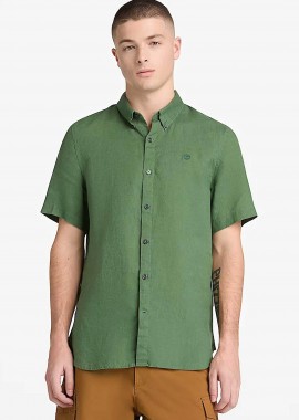 Timberland ανδρικό κοντομάνικο λινό πουκάμισο button down με κεντημένο tree logo Slim Fit 