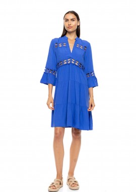 Pink Label γυναικείο mini καφτάνι με φάσες κιπούρ - BN-272 Μπλε Ηλεκτρίκ