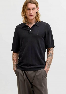 JACK & JONES - JACK & JONES ανδρική πλεκτή μπλούζα πόλο structured Regular Fit - 12291042 Μαύρο