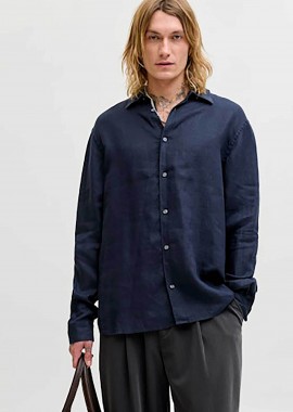 JACK & JONES - JACK & JONES ανδρικό λινό πουκάμισο Relaxed Fit - 12293563 Μπλε Σκούρο