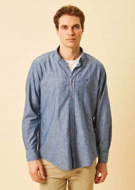 DORS ανδρικό πουκάμισο button down με λινάρι και κεντημένο λογότυπο Regular Fit - 1040011.C07 Μπλε