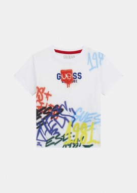 GUESS - Guess παιδικό T-shirt με graffiti print και λογότυπο Regular Fit - N5RI11K8HM4 Λευκό