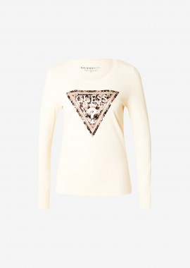 GUESS - Guess γυναικεία μπλούζα με ανάγλυφο λογότυπο με στρας Slim Fit - W6RI33J1314 Μπεζ