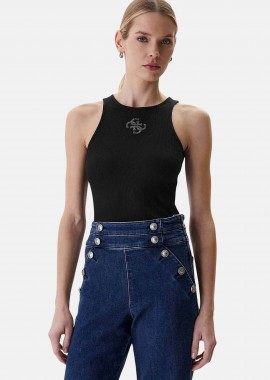 Guess γυναικείο αμάνικο τοπ με logo print ribbed Slim Fit - W6RP39KD092 Μαύρο