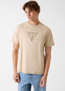 Guess ανδρικό T-shirt με τριγωνικό λογότυπο Regular Fit - M6RI23K8FQ4 Μπεζ