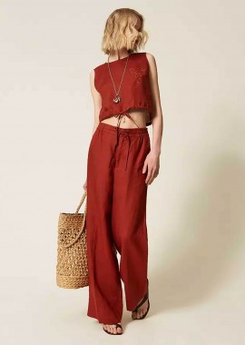 TWINSET - Twinset γυναικείο λινό παντελόνι μονόχρωμο Relaxed Fit - 261TT2302 Κεραμιδί