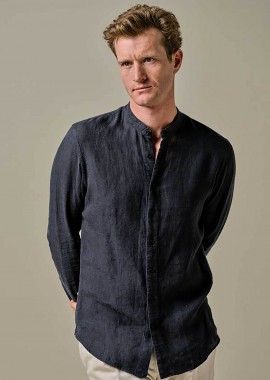 Profuomo ανδρικό λινό πουκάμισο μάο μονόχρωμο Slim Fit - PPWH10025B Σκούρο Μπλε