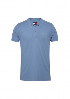 Tommy Jeans ανδρική μπλούζα πόλο μονόχρωμη με λογότυπο Slim Fit - DM0DM18312 Γαλάζιο