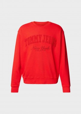 Tommy Jeans ανδρική μπλούζα φούτερ με ανάγλυφο λογότυπο και ribbed λεπτομέρειες - DM0DM20262 Κόκκινο