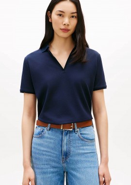 TOMMY HILFIGER - Tommy Hilfiger γυναικεία μπλούζα πόλο πικέ με V Relaxed Fit - WW0WW48720 Μπλε Σκούρο