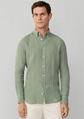 HACKETT - Hackett ανδρικό λινό πουκάμισο button down με κεντημένο λογότυπο Tailored Fit - HM3010635 Πράσινο Ανοιχτό