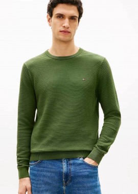 Tommy Hilfiger ανδρικό πουλόβερ textured με κεντημένο logo flag Regular Fit - MW0MW41643 Πράσινο