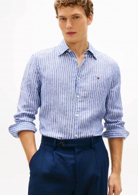 TOMMY HILFIGER - Tommy Hilfiger ανδρικό πουκάμισο λινό με ριγέ σχέδιο Regular Fit - MW0MW42400 Μπλε