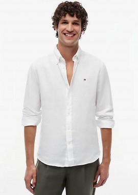 TOMMY HILFIGER - Tommy Hilfiger ανδρικό λινό πουκάμισο button down με κεντημένο logo flag Regular Fit - MW0MW41530 Λευκό
