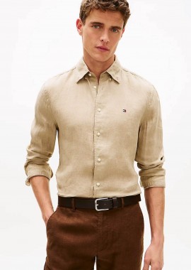 TOMMY HILFIGER - Tommy Hilfiger ανδρικό λινό πουκάμισο button down με κεντημένο logo flag Regular Fit - MW0MW41530 Μπεζ