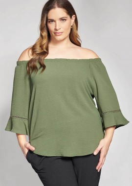 PARABITA - Guess γυναικεία μπλούζα off-shoulder με λεπτομέρειες δαντέλας - 012610100271 Χακί
