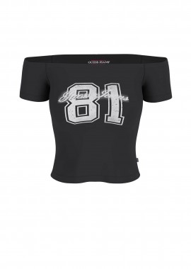 GUESS - Guess γυναικείο T-shirt off-shoulder με print Slim Fit - W6GI07J1314 Μαύρο