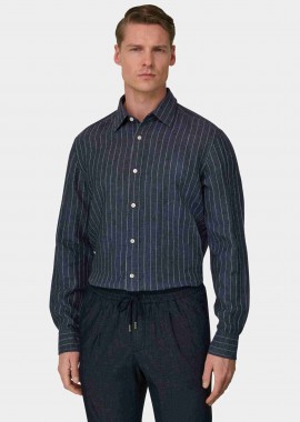 BOGGI MILANO - Boggi Milano ανδρικό λινό πουκάμισο με ριγέ σχέδιο Regular Fit - BO26P040701 Μπλε Navy