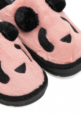 Παντόφλες μαύρο και ροζ σουέτ με γούνα σχέδιο Panda ΡΟΖ