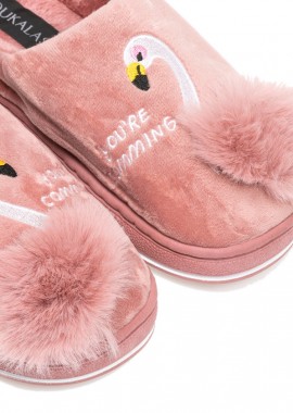 Παντόφλες σάπιο μήλο σουέτ με γούνα σχέδιο Flamingo ΣΑΠΙΟ ΜΗΛΟ