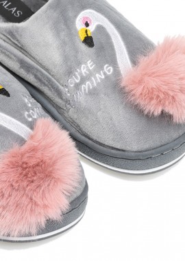 Παντόφλες γκρι σουέτ με γούνα σχέδιο Flamingo ΓΚΡΙ