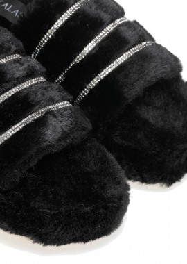 Παντόφλες μαύρες γούνινες με στρας και λάστιχο ΜΑΥΡΟ