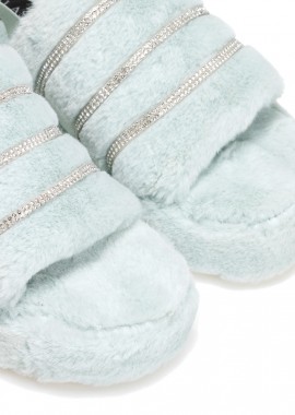 Παντόφλες τιρκουάζ γούνινες με στρας και λάστιχο ΤΥΡΚΟΥΑΖ