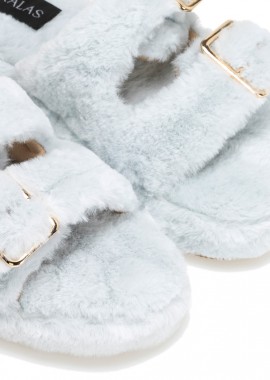 Παντόφλες γαλάζιες γούνινες με διπλό λουράκι και αγκράφα ΓΑΛΑΖΙΟ